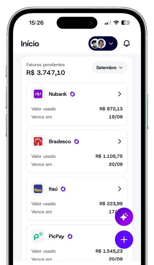 Faturas pendentes do casal no Coupe, com cartões do Nubank, Bradesco, Itaú e PicPay conectados pelo Open Finance